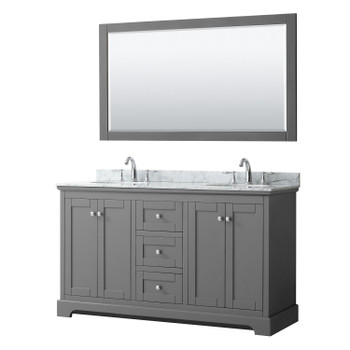 Avery 60 Inch Double Bathroom Vanity In Dark Gray, White Carrara Marble Countertop, Undermount Oval Sinks, And 58 Inch Mirror