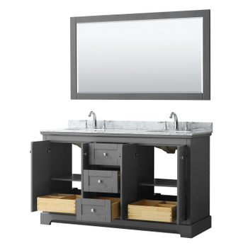 Avery 60 Inch Double Bathroom Vanity In Dark Gray, White Carrara Marble Countertop, Undermount Oval Sinks, And 58 Inch Mirror