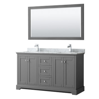 Avery 60 Inch Double Bathroom Vanity In Dark Gray, White Carrara Marble Countertop, Undermount Square Sinks, And 58 Inch Mirror