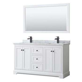 Avery 60 Inch Double Bathroom Vanity In White, White Carrara Marble Countertop, Undermount Square Sinks, Matte Black Trim, 58 Inch Mirror