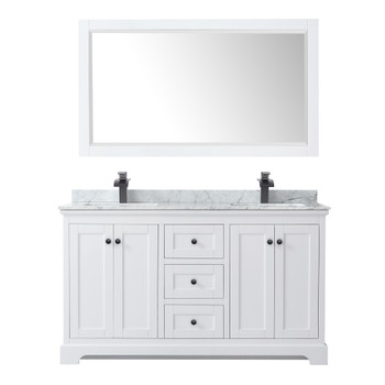 Avery 60 Inch Double Bathroom Vanity In White, White Carrara Marble Countertop, Undermount Square Sinks, Matte Black Trim, 58 Inch Mirror