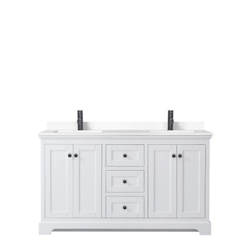 Avery 60 Inch Double Bathroom Vanity In White, White Cultured Marble Countertop, Undermount Square Sinks, Matte Black Trim