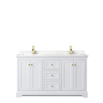 Avery 60 Inch Double Bathroom Vanity In White, Carrara Cultured Marble Countertop, Undermount Square Sinks, Brushed Gold Trim