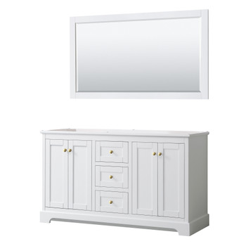 Avery 60 Inch Double Bathroom Vanity In White, No Countertop, No Sinks, 58 Inch Mirror, Brushed Gold Trim