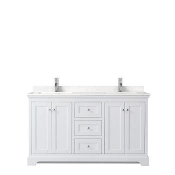 Avery 60 Inch Double Bathroom Vanity In White, Carrara Cultured Marble Countertop, Undermount Square Sinks, No Mirror