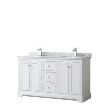 Avery 60 Inch Double Bathroom Vanity In White, White Carrara Marble Countertop, Undermount Square Sinks, And No Mirror