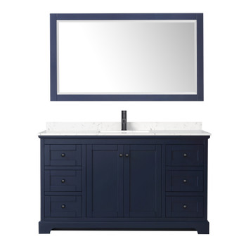 Avery 60 Inch Single Bathroom Vanity In Dark Blue, Carrara Cultured Marble Countertop, Undermount Square Sink, Matte Black Trim, 58 Inch Mirror