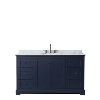 Avery 60 Inch Single Bathroom Vanity In Dark Blue, White Carrara Marble Countertop, Undermount Oval Sink, Matte Black Trim