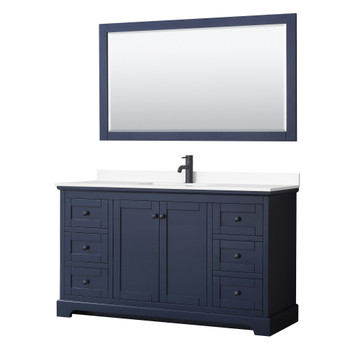 Avery 60 Inch Single Bathroom Vanity In Dark Blue, White Cultured Marble Countertop, Undermount Square Sink, Matte Black Trim, 58 Inch Mirror