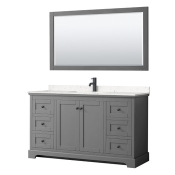 Avery 60 Inch Single Bathroom Vanity In Dark Gray, Carrara Cultured Marble Countertop, Undermount Square Sink, Matte Black Trim, 58 Inch Mirror