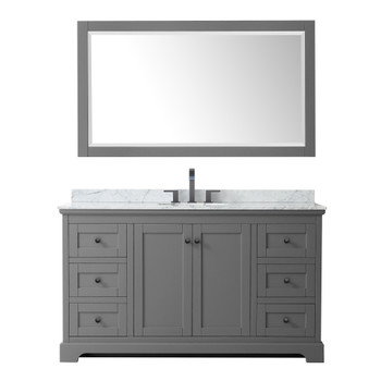 Avery 60 Inch Single Bathroom Vanity In Dark Gray, White Carrara Marble Countertop, Undermount Oval Sink, Matte Black Trim, 58 Inch Mirror