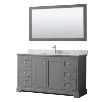 Avery 60 Inch Single Bathroom Vanity In Dark Gray, White Carrara Marble Countertop, Undermount Square Sink, And 58 Inch Mirror