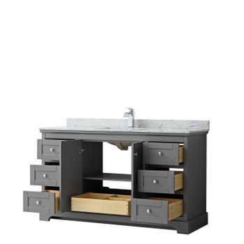 Avery 60 Inch Single Bathroom Vanity In Dark Gray, White Carrara Marble Countertop, Undermount Square Sink, And No Mirror