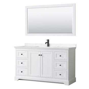 Avery 60 Inch Single Bathroom Vanity In White, Carrara Cultured Marble Countertop, Undermount Square Sink, Matte Black Trim, 58 Inch Mirror