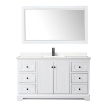 Avery 60 Inch Single Bathroom Vanity In White, Carrara Cultured Marble Countertop, Undermount Square Sink, Matte Black Trim, 58 Inch Mirror