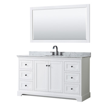 Avery 60 Inch Single Bathroom Vanity In White, White Carrara Marble Countertop, Undermount Oval Sink, Matte Black Trim, 58 Inch Mirror