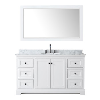 Avery 60 Inch Single Bathroom Vanity In White, White Carrara Marble Countertop, Undermount Oval Sink, Matte Black Trim, 58 Inch Mirror