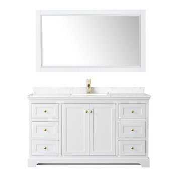 Avery 60 Inch Single Bathroom Vanity In White, Carrara Cultured Marble Countertop, Undermount Square Sink, 58 Inch Mirror, Brushed Gold Trim