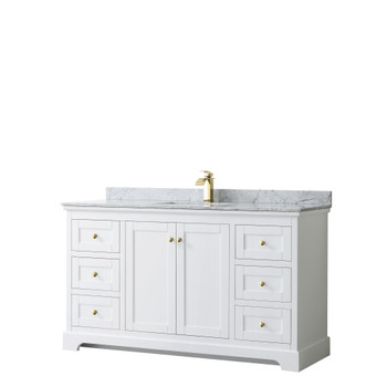 Avery 60 Inch Single Bathroom Vanity In White, White Carrara Marble Countertop, Undermount Square Sink, Brushed Gold Trim