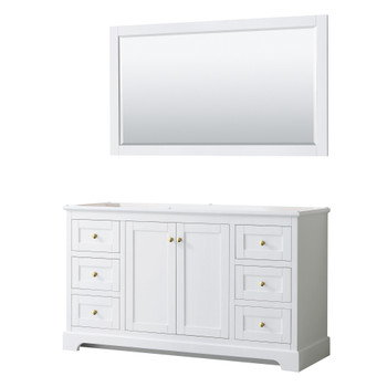 Avery 60 Inch Single Bathroom Vanity In White, No Countertop, No Sink, 58 Inch Mirror, Brushed Gold Trim