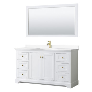 Avery 60 Inch Single Bathroom Vanity In White, White Cultured Marble Countertop, Undermount Square Sink, 58 Inch Mirror, Brushed Gold Trim