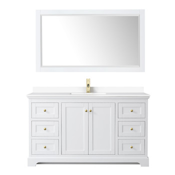 Avery 60 Inch Single Bathroom Vanity In White, White Cultured Marble Countertop, Undermount Square Sink, 58 Inch Mirror, Brushed Gold Trim
