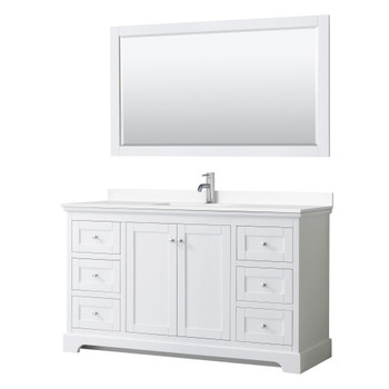 Avery 60 Inch Single Bathroom Vanity In White, White Cultured Marble Countertop, Undermount Square Sink, 58 Inch Mirror