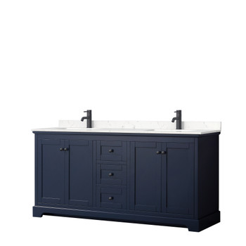 Avery 72 Inch Double Bathroom Vanity In Dark Blue, Carrara Cultured Marble Countertop, Undermount Square Sinks, Matte Black Trim