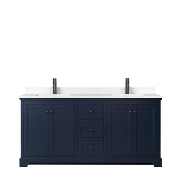 Avery 72 Inch Double Bathroom Vanity In Dark Blue, White Cultured Marble Countertop, Undermount Square Sinks, Matte Black Trim