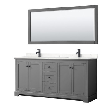 Avery 72 Inch Double Bathroom Vanity In Dark Gray, Carrara Cultured Marble Countertop, Undermount Square Sinks, Matte Black Trim, 70 Inch Mirror