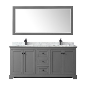 Avery 72 Inch Double Bathroom Vanity In Dark Gray, White Carrara Marble Countertop, Undermount Square Sinks, Matte Black Trim, 70 Inch Mirror