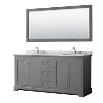 Avery 72 Inch Double Bathroom Vanity In Dark Gray, White Carrara Marble Countertop, Undermount Oval Sinks, And 70 Inch Mirror