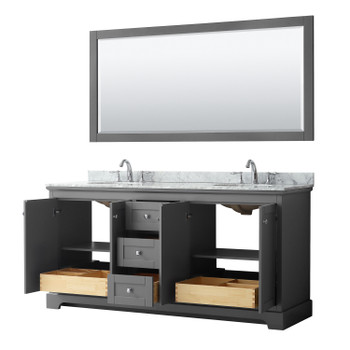 Avery 72 Inch Double Bathroom Vanity In Dark Gray, White Carrara Marble Countertop, Undermount Oval Sinks, And 70 Inch Mirror