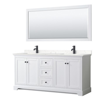 Avery 72 Inch Double Bathroom Vanity In White, Carrara Cultured Marble Countertop, Undermount Square Sinks, Matte Black Trim, 70 Inch Mirror