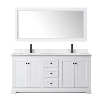 Avery 72 Inch Double Bathroom Vanity In White, Carrara Cultured Marble Countertop, Undermount Square Sinks, Matte Black Trim, 70 Inch Mirror