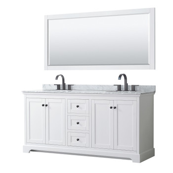 Avery 72 Inch Double Bathroom Vanity In White, White Carrara Marble Countertop, Undermount Oval Sinks, Matte Black Trim, 70 Inch Mirror