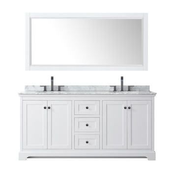 Avery 72 Inch Double Bathroom Vanity In White, White Carrara Marble Countertop, Undermount Oval Sinks, Matte Black Trim, 70 Inch Mirror