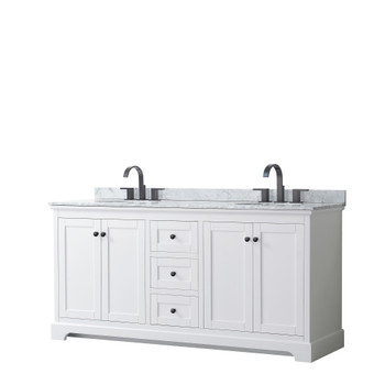 Avery 72 Inch Double Bathroom Vanity In White, White Carrara Marble Countertop, Undermount Oval Sinks, Matte Black Trim