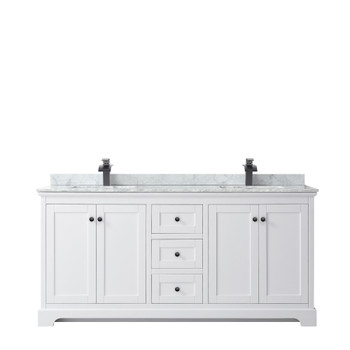 Avery 72 Inch Double Bathroom Vanity In White, White Carrara Marble Countertop, Undermount Square Sinks, Matte Black Trim
