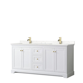 Avery 72 Inch Double Bathroom Vanity In White, Carrara Cultured Marble Countertop, Undermount Square Sinks, Brushed Gold Trim