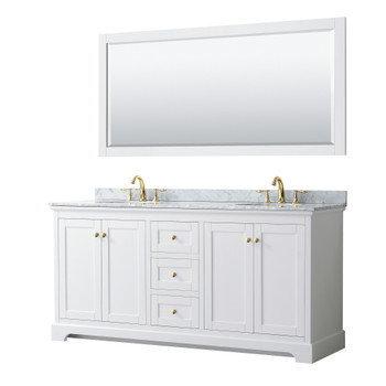 Avery 72 Inch Double Bathroom Vanity In White, White Carrara Marble Countertop, Undermount Oval Sinks, 70 Inch Mirror, Brushed Gold Trim