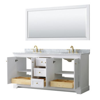 Avery 72 Inch Double Bathroom Vanity In White, White Carrara Marble Countertop, Undermount Oval Sinks, 70 Inch Mirror, Brushed Gold Trim