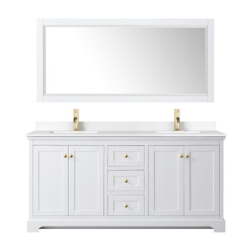 Avery 72 Inch Double Bathroom Vanity In White, White Cultured Marble Countertop, Undermount Square Sinks, 70 Inch Mirror, Brushed Gold Trim