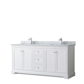 Avery 72 Inch Double Bathroom Vanity In White, White Carrara Marble Countertop, Undermount Square Sinks, And No Mirror