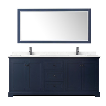 Avery 80 Inch Double Bathroom Vanity In Dark Blue, Carrara Cultured Marble Countertop, Undermount Square Sinks, Matte Black Trim, 70 Inch Mirror