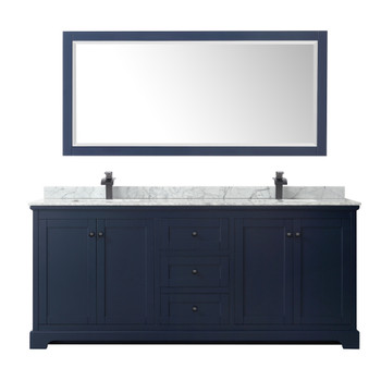 Avery 80 Inch Double Bathroom Vanity In Dark Blue, White Carrara Marble Countertop, Undermount Square Sinks, Matte Black Trim, 70 Inch Mirror