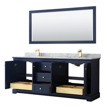 Avery 80 Inch Double Bathroom Vanity In Dark Blue, White Carrara Marble Countertop, Undermount Square Sinks, And 70 Inch Mirror