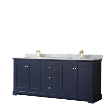 Avery 80 Inch Double Bathroom Vanity In Dark Blue, White Carrara Marble Countertop, Undermount Square Sinks, And No Mirror