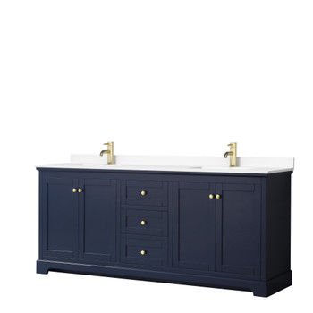 Avery 80 Inch Double Bathroom Vanity In Dark Blue, White Cultured Marble Countertop, Undermount Square Sinks, No Mirror