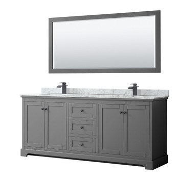 Avery 80 Inch Double Bathroom Vanity In Dark Gray, White Carrara Marble Countertop, Undermount Square Sinks, Matte Black Trim, 70 Inch Mirror